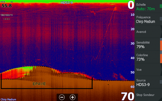 Une épave telle que vous la verrez sur n'importe quel sondeur. Seul les couleurs peuvent changer en fonction de la palette sélectionnée.