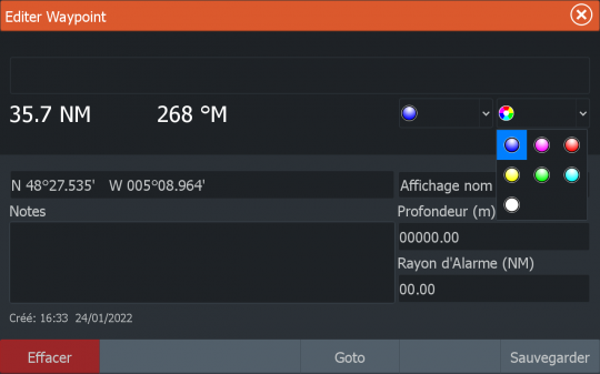 Dès que le waypoint est créé, je le modifie et lui associe la couleur correspondante.