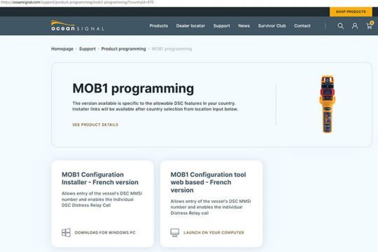 Page de téléchargement du logiciel de paramétrage de la balise MOB1 de Ocean Signal
