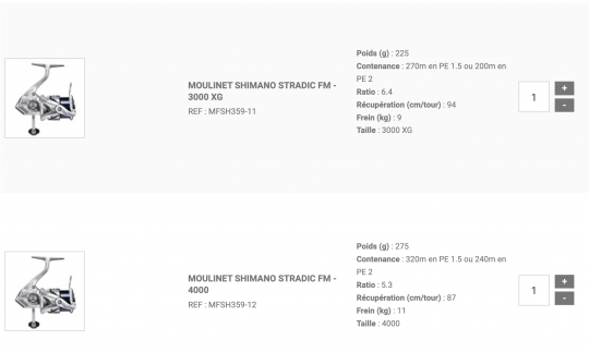 Les données de ratio et de récupération par tour de manivelle sont mentionnés sur la fiche descriptive du moulinet, ainsi que sur la bobine