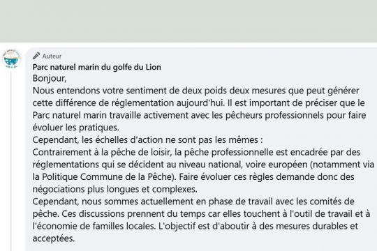 Le commentaire du Parc en réaction à l'incompréhension des pêcheurs