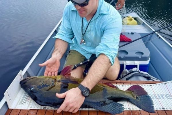 A double peacock bass trophy on La Baria, the northern lagoon